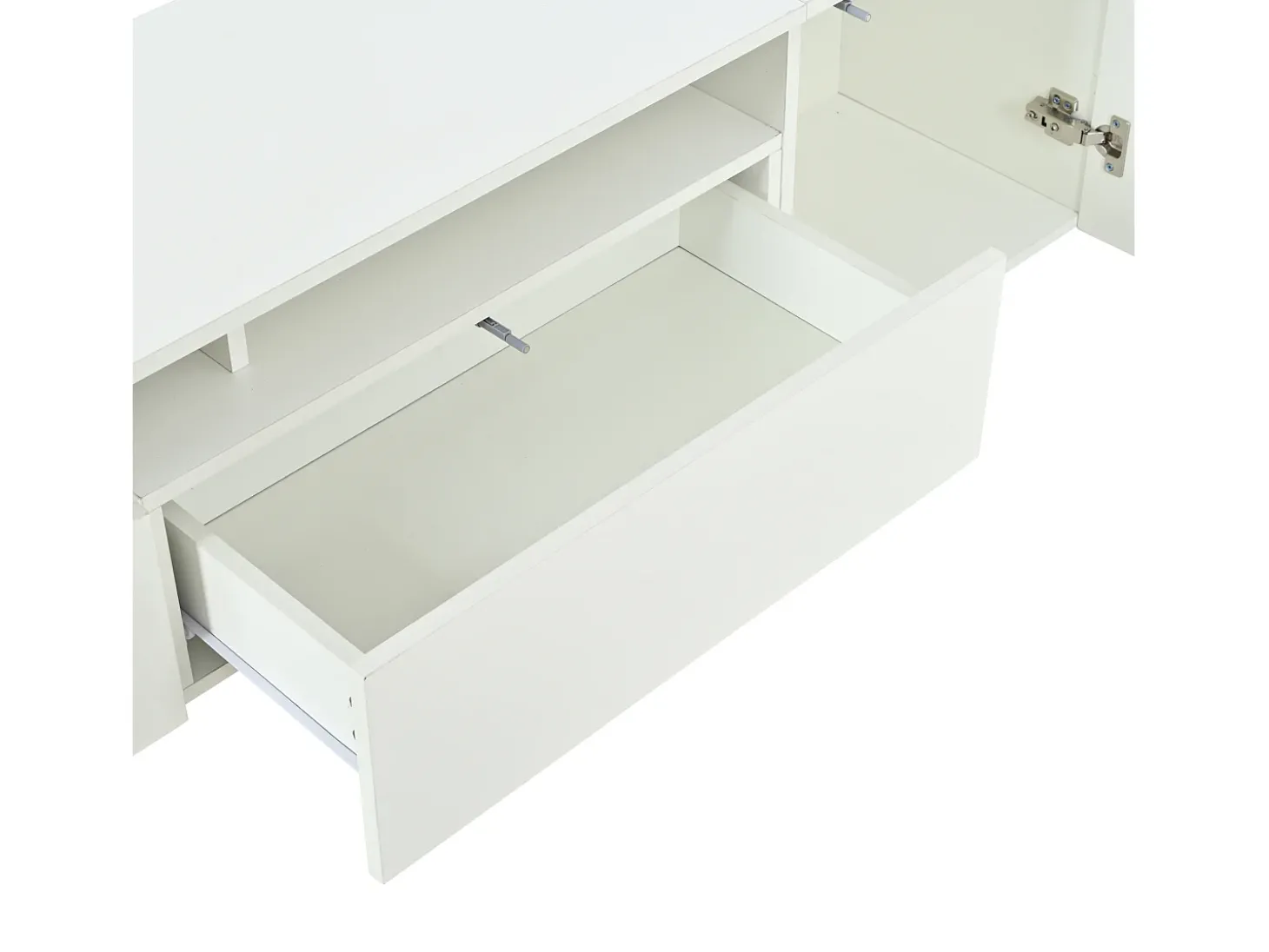 Conjunto móvel TV 3 peças - Móvel TV + vitrina + prateleira de parede - Iluminação LED - 2 portas + 2 gavetas - Acabamento brilhante - Branco