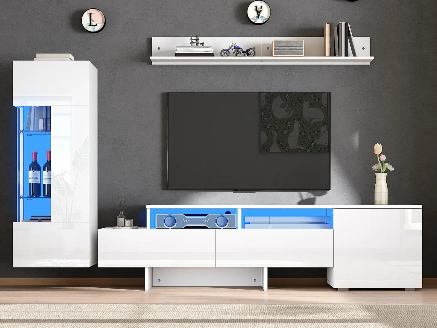 Conjunto móvel TV 3 peças - Móvel TV + vitrina + prateleira de parede - Iluminação LED - 2 portas + 2 gavetas - Acabamento brilhante - Branco