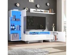 Conjunto móvel TV 3 peças - Móvel TV + vitrina + prateleira de parede - Iluminação LED - 2 portas + 2 gavetas - Acabamento brilhante - Branco
