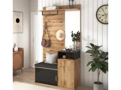 Conjunto para closet com 4 ganchos, espelho, sapateira, cabideiro de parede, prateleira e banco. (Requer furação)