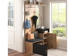 Conjunto para closet com 4 ganchos, espelho, sapateira, cabideiro de parede, prateleira e banco. (Requer furação)
