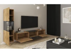 Conjunto para sala, suspenso e de chão, 2 peças, móvel TV 180 cm e vitrina, corpo carvalho Wotan mate, frentes preto mate