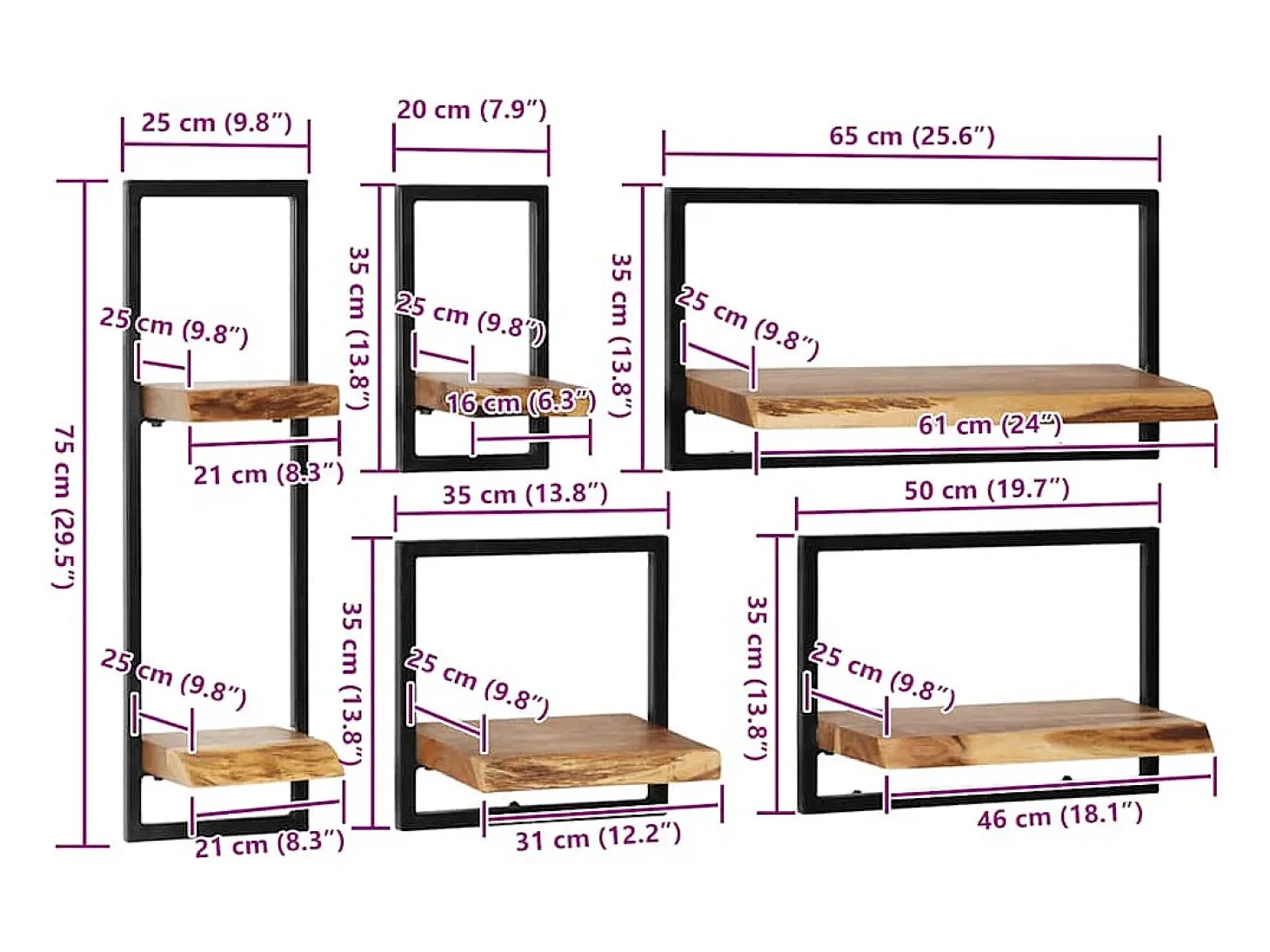 Conjunto prateleiras de parede 5 pcs madeira acácia maciça/aço