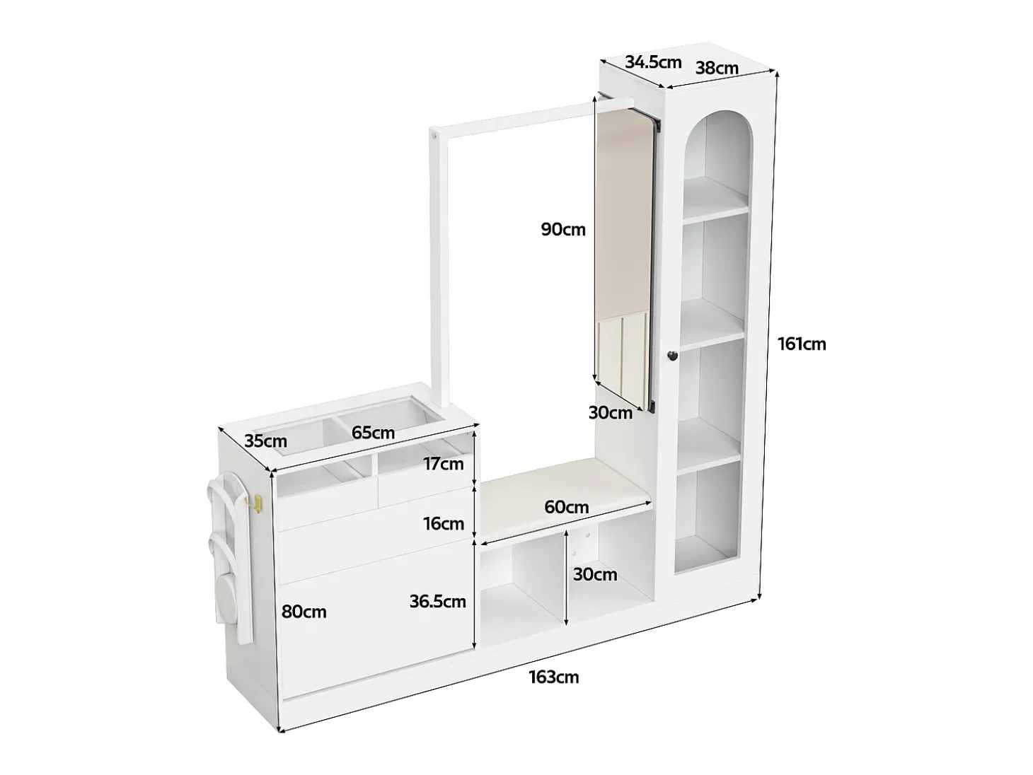 Conjunto vestiário de entrada 163×35×161 cm - com cabideiro e espelho - banco e móvel para sapatos - com iluminação LED - Branco