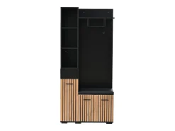 Conjunto vestiário de entrada 80×35×175 cm - 1 gaveta e 3 portas - com banco e sapateiro - 2 ganchos - Preto + natural