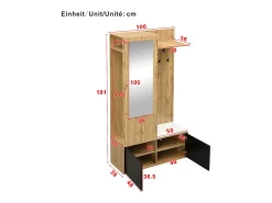 Conjunto vestiário de entrada 100×38×191 cm - com cabideiro e sapateira - ganchos e 1 espelho - natural + preto