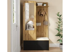 Conjunto vestiário de entrada 100×38×191 cm - com cabideiro e sapateira - ganchos e 1 espelho - natural + preto