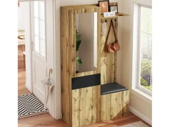Conjunto vestiário de entrada 98.5×38×191 cm - com cabideiro e sapateira - ganchos e 1 espelho - natural + preto