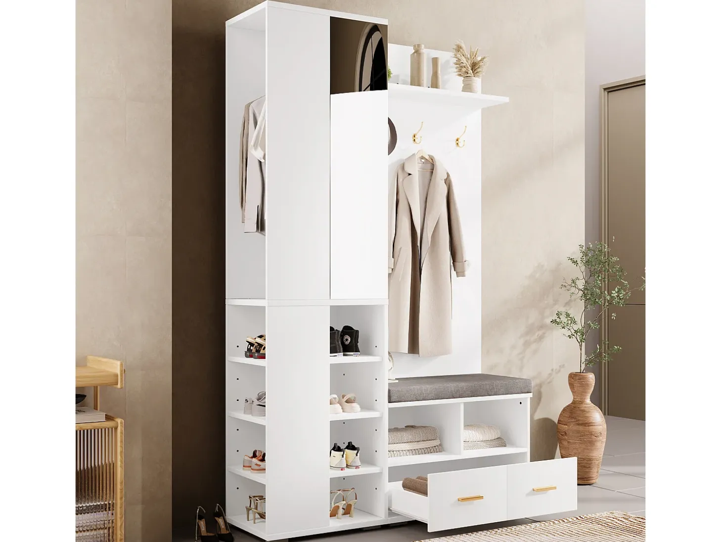 Conjunto vestiário de entrada 120x35x190cm - con 2 gavetas e compartimentos de armazenamento - con espelho e banco de sapatos - Branco