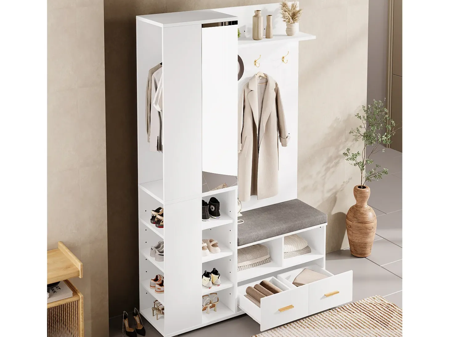 Conjunto vestiário de entrada 120x35x190cm - con 2 gavetas e compartimentos de armazenamento - con espelho e banco de sapatos - Branco