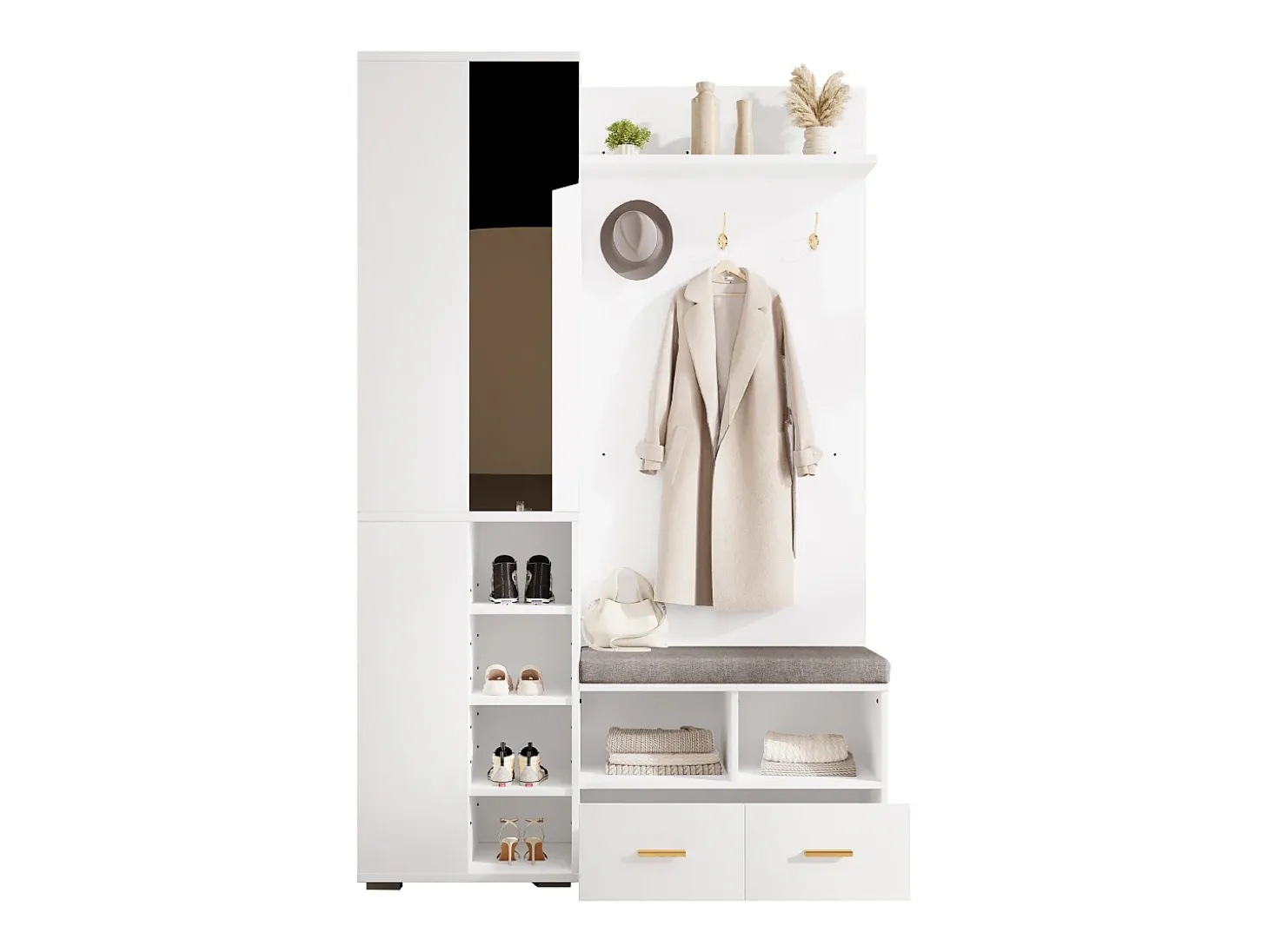 Conjunto vestiário de entrada 120x35x190cm - con 2 gavetas e compartimentos de armazenamento - con espelho e banco de sapatos - Branco