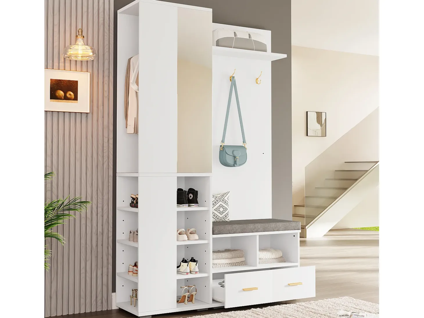 Conjunto vestiário de entrada 120x35x190cm - con 2 gavetas e compartimentos de armazenamento - con espelho e banco de sapatos - Branco
