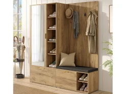 Conjunto vestiário de entrada 160x38x180cm - con 3 portas e compartimentos de armazenamento - con espelho e móvel para sapatos - con gancho - Natural