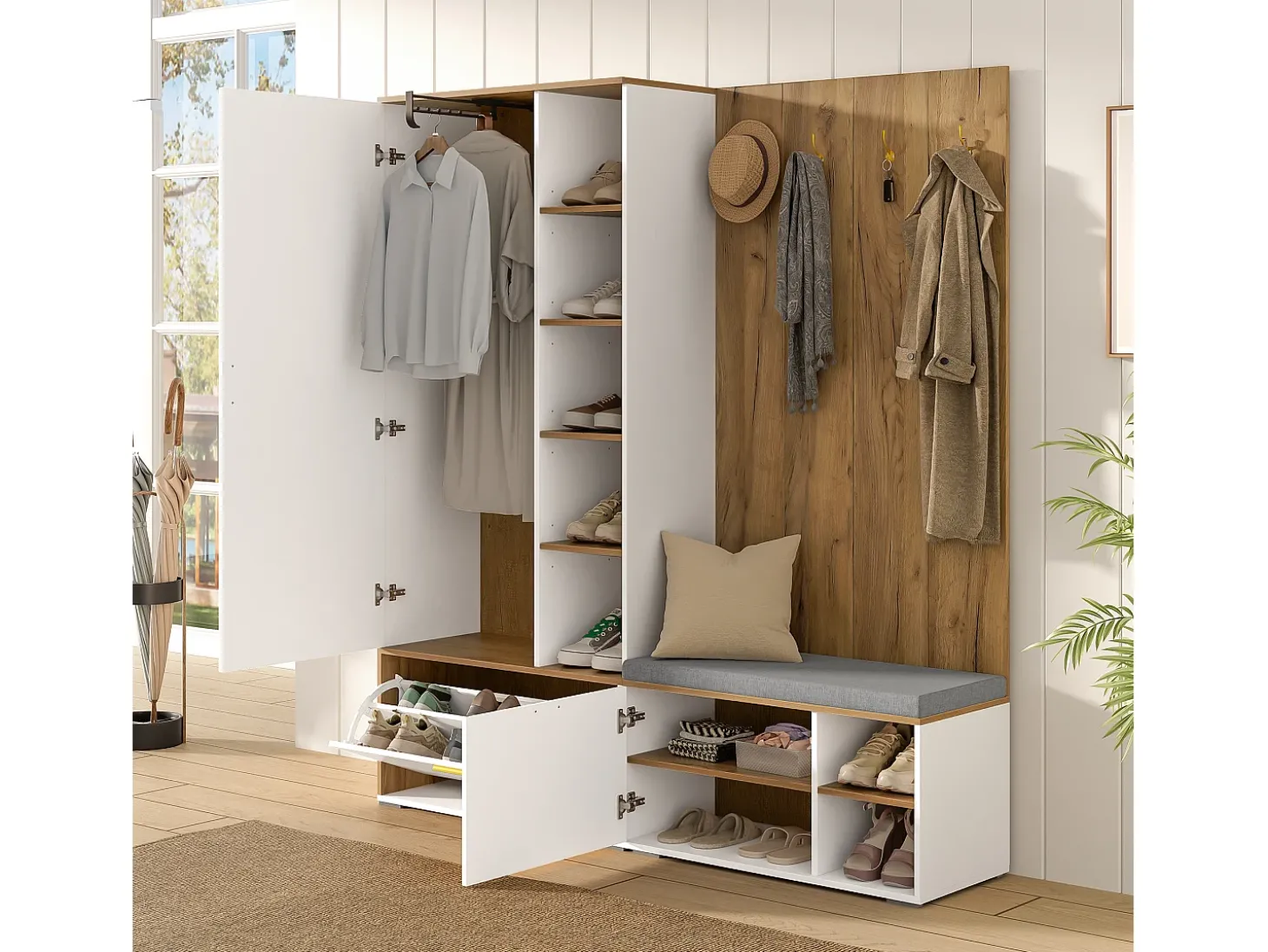 Conjunto vestiário de entrada 160x38x180cm - con 3 portas e compartimentos de armazenamento - con espelho e móvel para sapatos - con gancho - Natural + Branco
