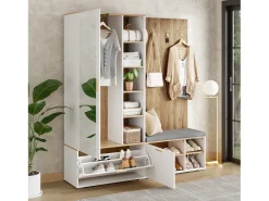 Conjunto vestiário de entrada 160x38x180cm - con 3 portas e compartimentos de armazenamento - con espelho e móvel para sapatos - con gancho - Natural + Branco