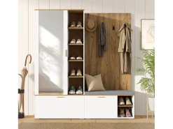 Conjunto vestiário de entrada 160x38x180cm - con 3 portas e compartimentos de armazenamento - con espelho e móvel para sapatos - con gancho - Natural + Branco