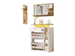 Conjunto vestiário de entrada 105x25x151,5cm - con LED - con 3 portas e 1 gaveta - con espelho e móvel para sapatos - Branco + Natural