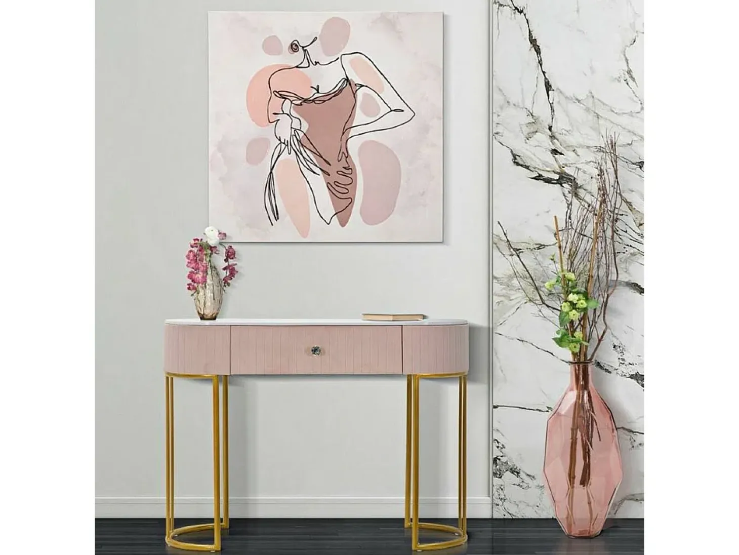 Consola Abstraktes, Mesa multiusos, Armário de apoio, Mesa de corredor, 100x40 h75 cm, Rosa e Branco