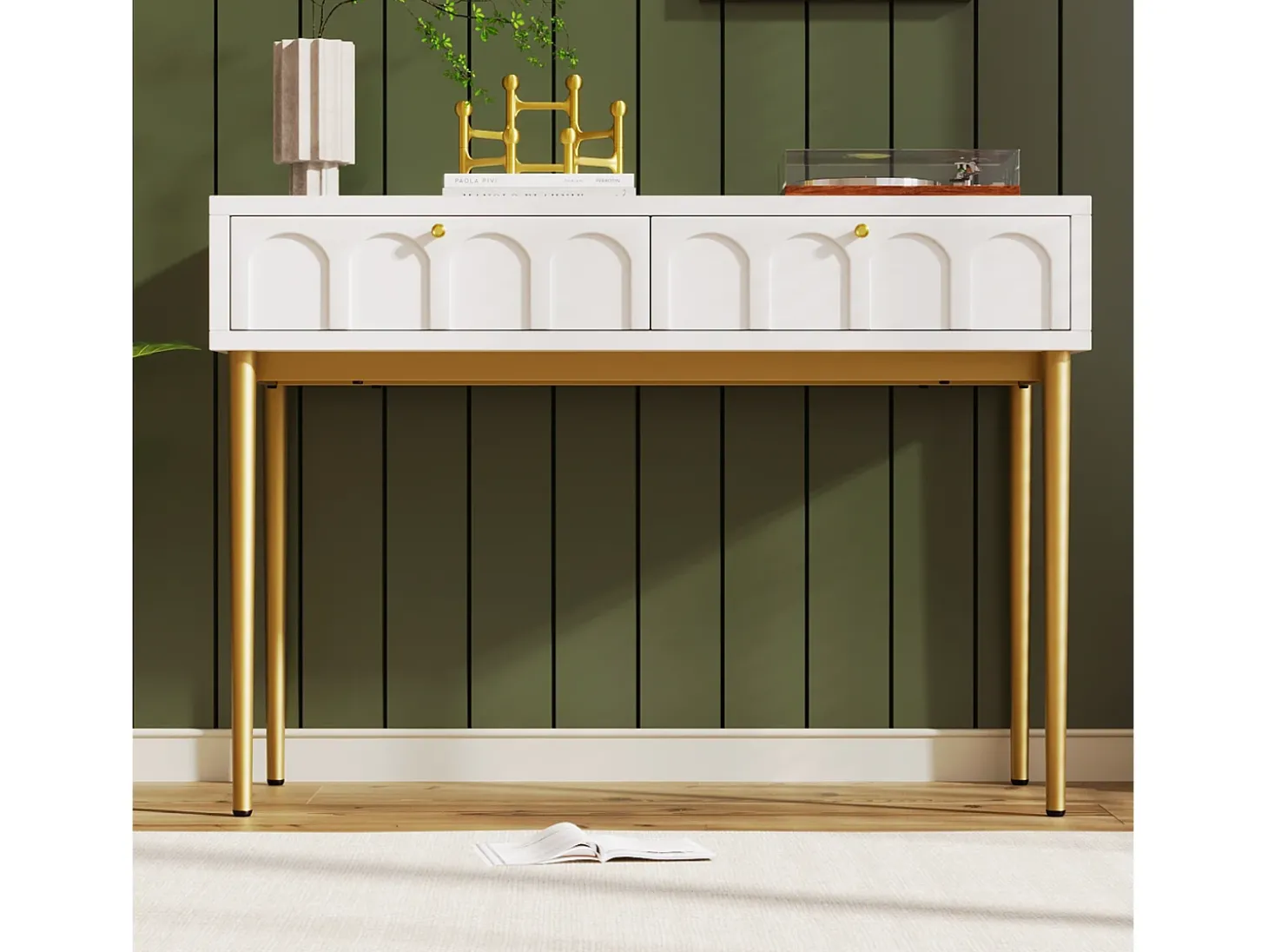 Consola com 2 gavetas - Branco leitoso e dourado - Madeira e metal