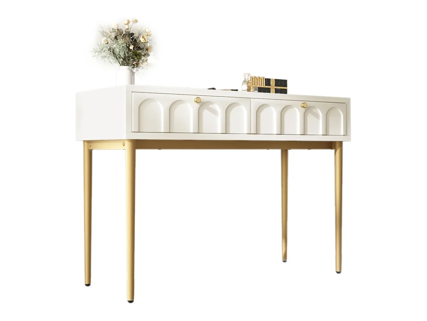 Consola com 2 gavetas - Branco leitoso e dourado - Madeira e metal