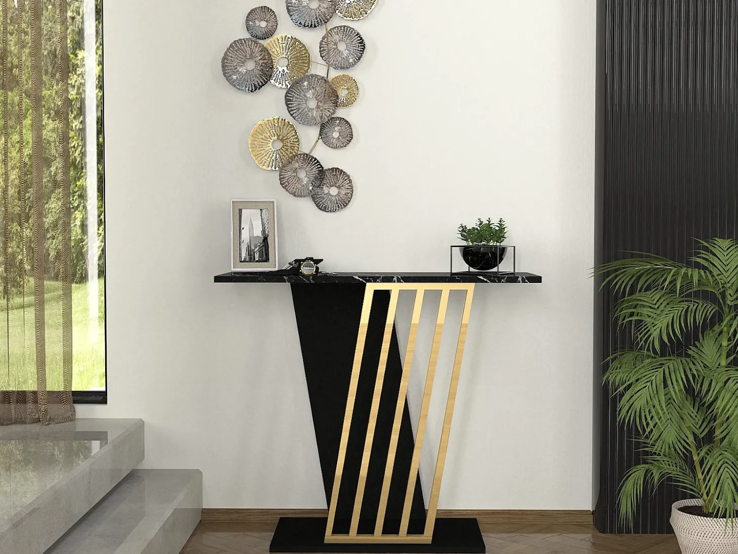 Consola cor efeito mármore preto e dourado - ORSONA