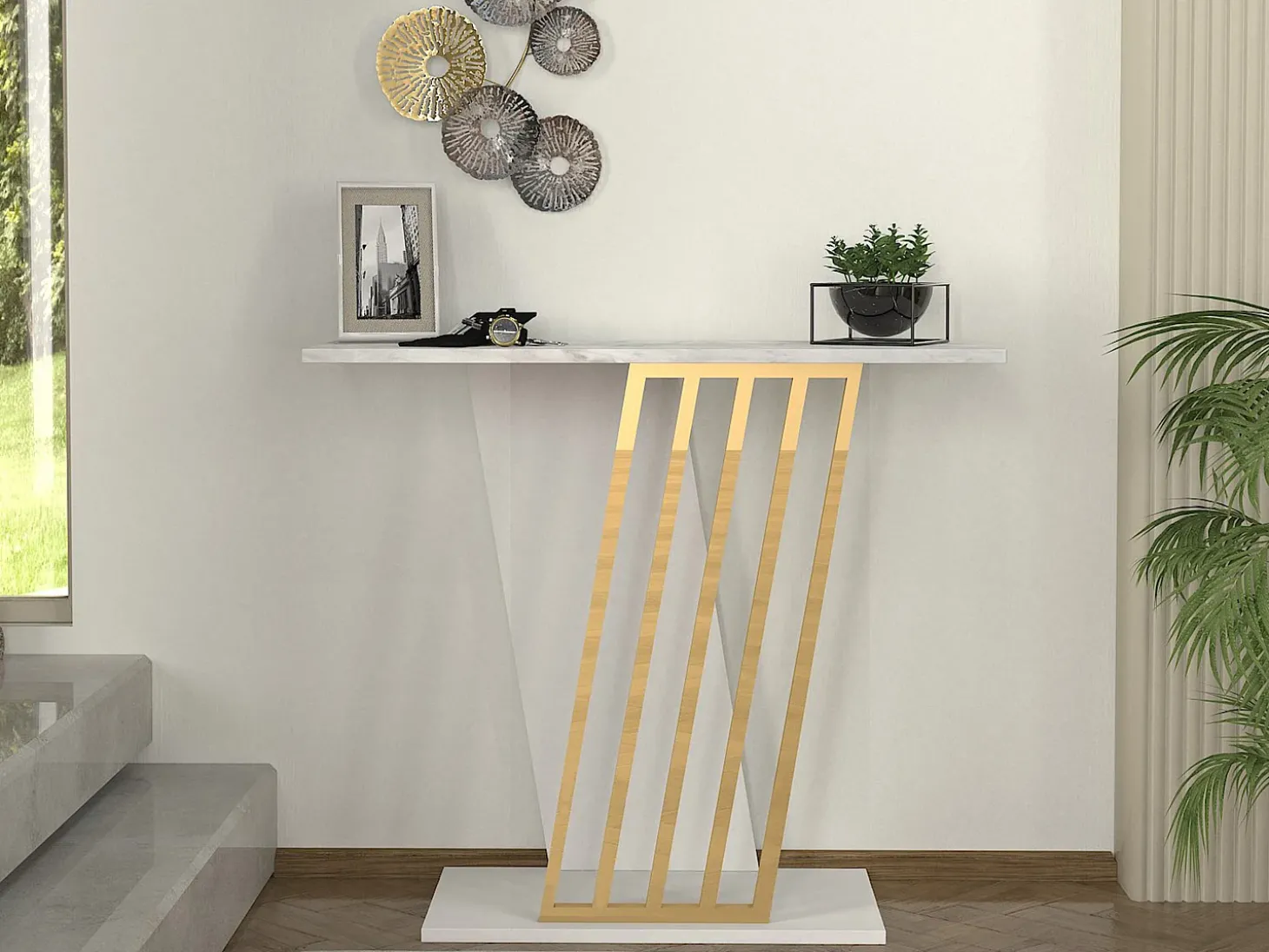 Consola cor efeito mármore branco e dourado - ORSONA
