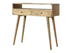 Consola curva estilo carvalho Artisan Furniture, 2 gavetas, 1 prateleira aberta, castanho claro