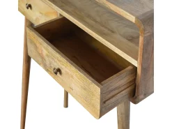 Consola curva estilo carvalho Artisan Furniture, 2 gavetas, 1 prateleira aberta, castanho claro