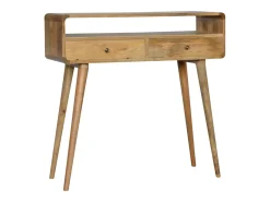 Consola curva estilo carvalho Artisan Furniture, 2 gavetas, 1 prateleira aberta, castanho claro