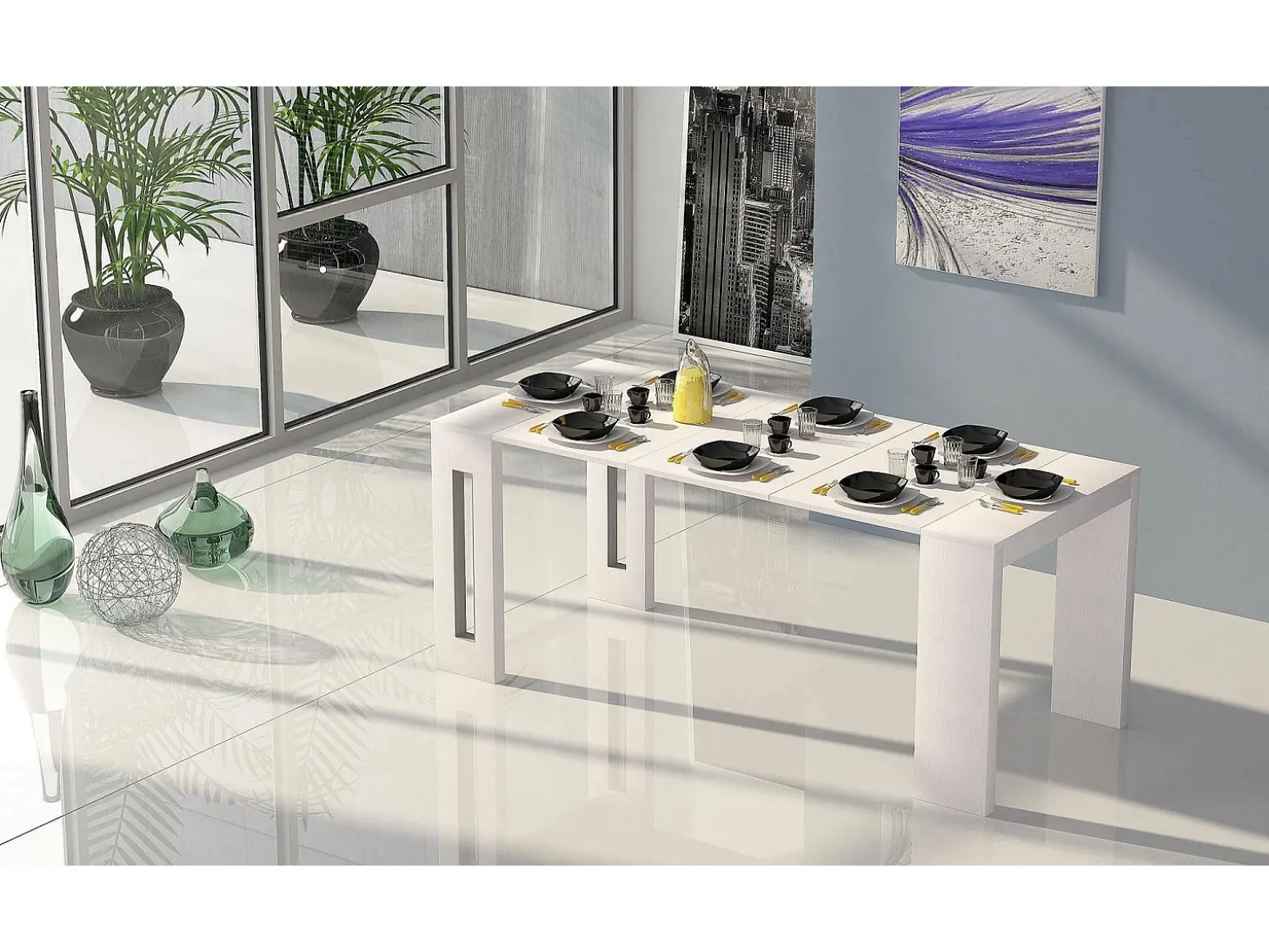 Consola extensível Detound, Mesa de jantar extensível, Consola multiusos com extensões, 100% Fabricado em Itália, 186x80h76 cm, Branco