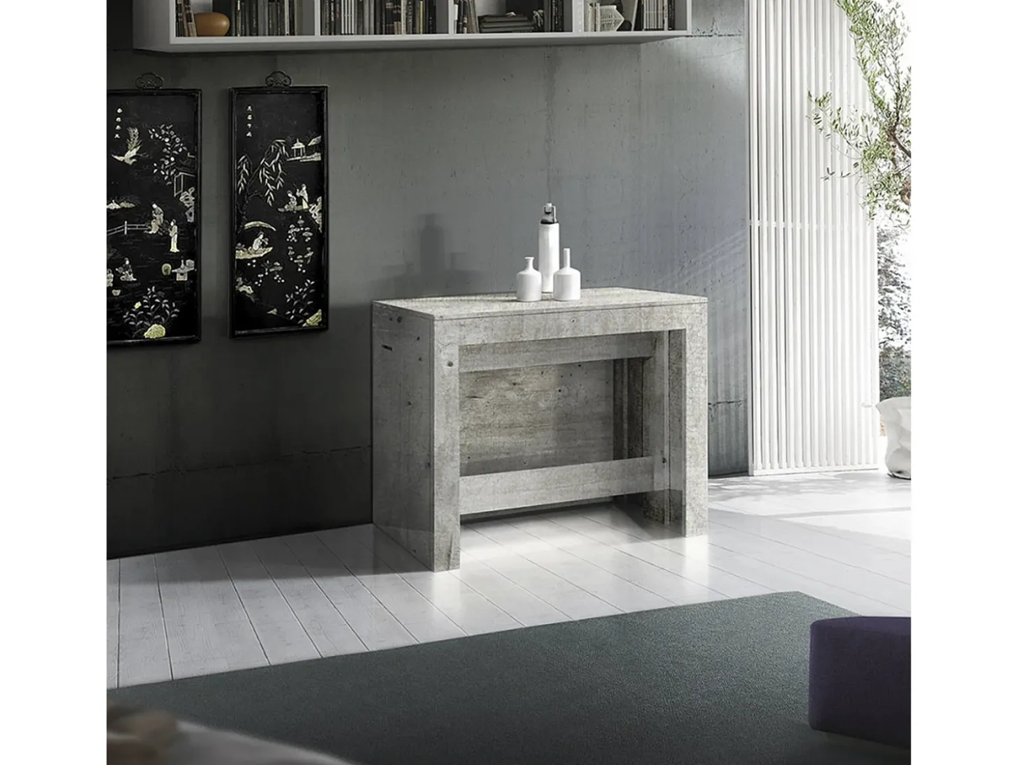 Consola extensível Dguigo, Consola extensível até 12 lugares, Mesa com suportes de extensão, 100% Fabricado em Itália, 51/300x90h77 cm, Cimento