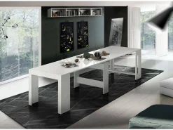 Consola extensível Dguigo, Consola extensível até 12 lugares, Mesa com suportes de extensão, 100% Fabricado em Itália, 51/300x90h77 cm, Branco brilhante