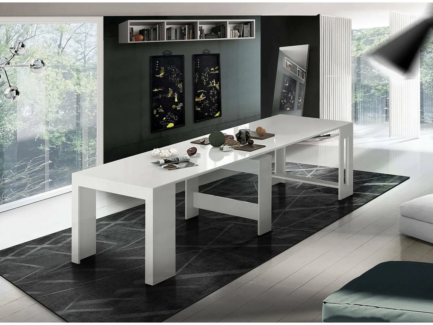 Consola extensível Dguigo, Consola extensível até 12 lugares, Mesa com suportes de extensão, 100% Fabricado em Itália, 51/300x90h77 cm, Branco brilhante