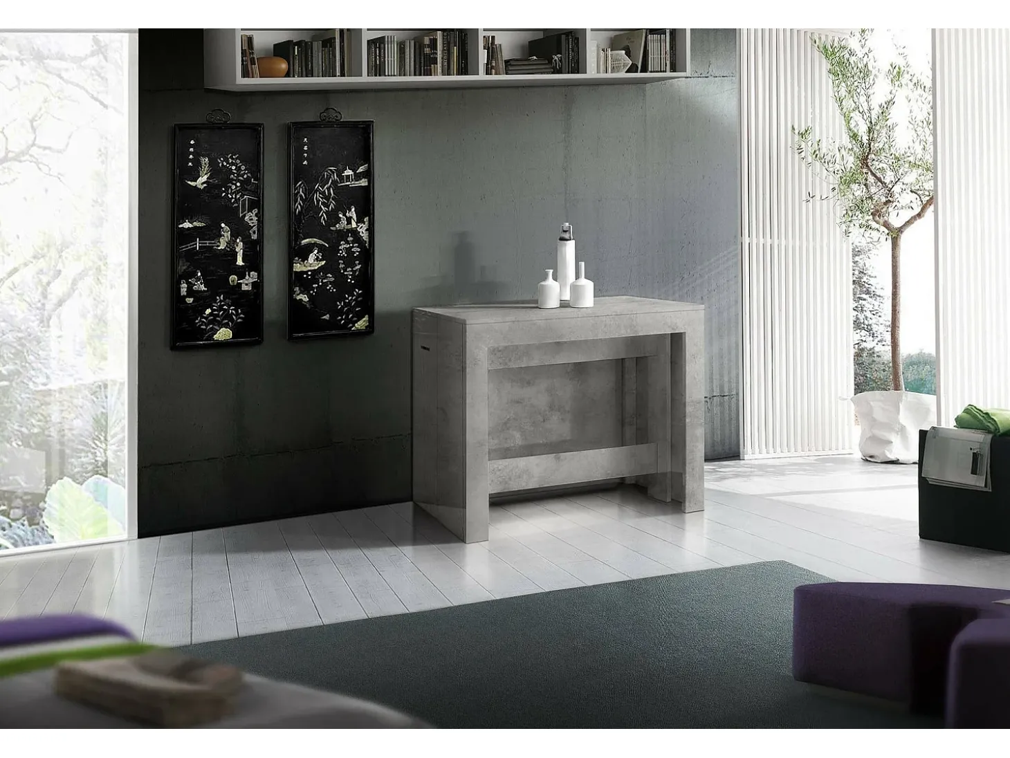 Consola extensível Dguigo, Consola extensível até 12 lugares, Mesa com suportes de extensão, 100% Fabricado em Itália, 51/300x90h77 cm, Mármore cinzento