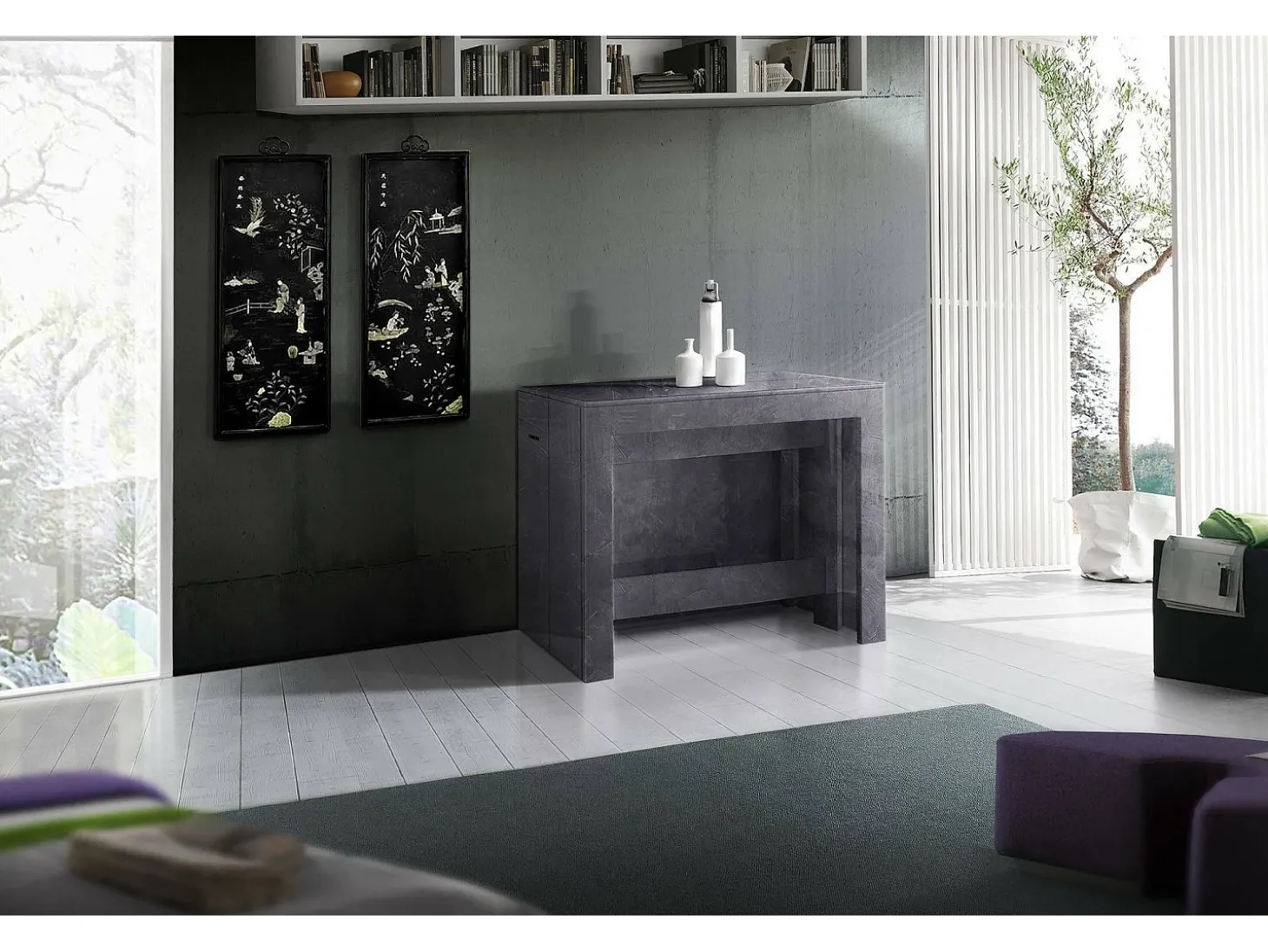 Consola extensível Dguigo, Consola extensível até 12 lugares, Mesa com suportes de extensão, 100% Fabricado em Itália, 51/300x90h77 cm, Ardósia