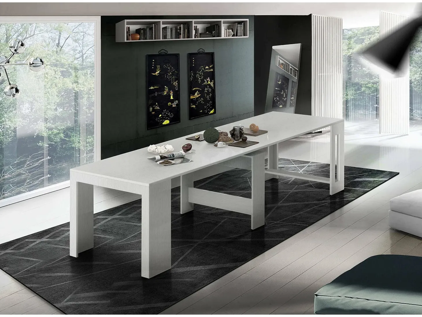 Consola extensível Dguigo, Consola extensível até 12 lugares, Mesa com suportes de extensão, 100% Fabricado em Itália, 51/300x90h77 cm, Lariço branco brilhante