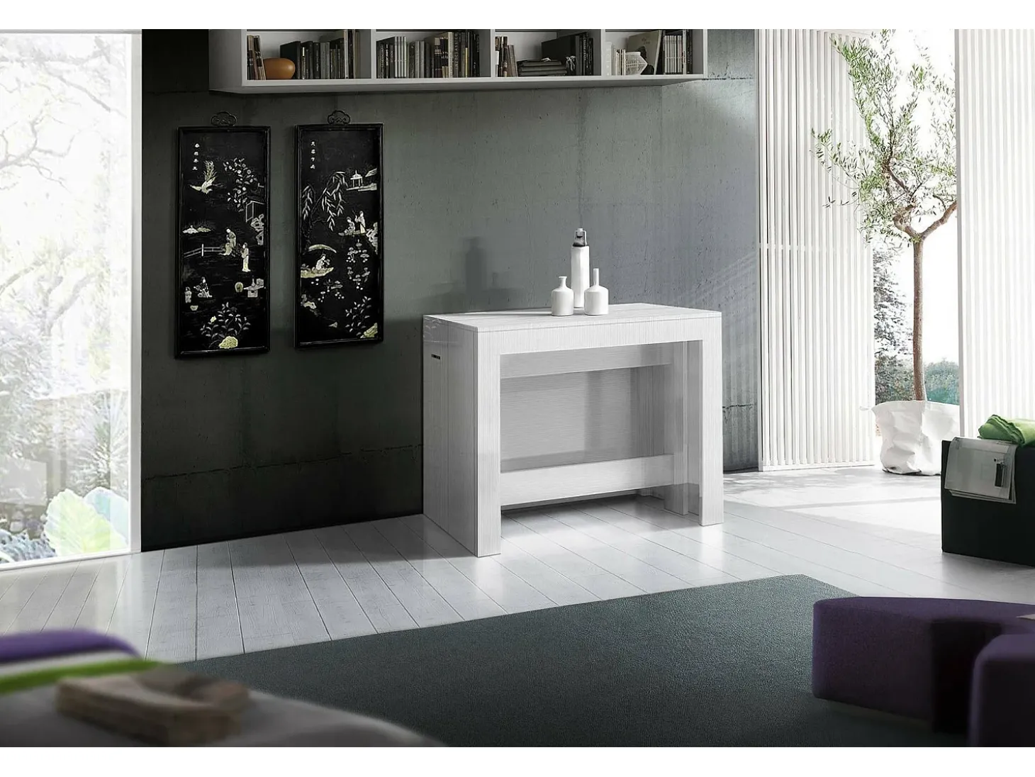 Consola extensível Dguigo, Consola extensível até 12 lugares, Mesa com suportes de extensão, 100% Fabricado em Itália, 51/300x90h77 cm, Lariço branco brilhante
