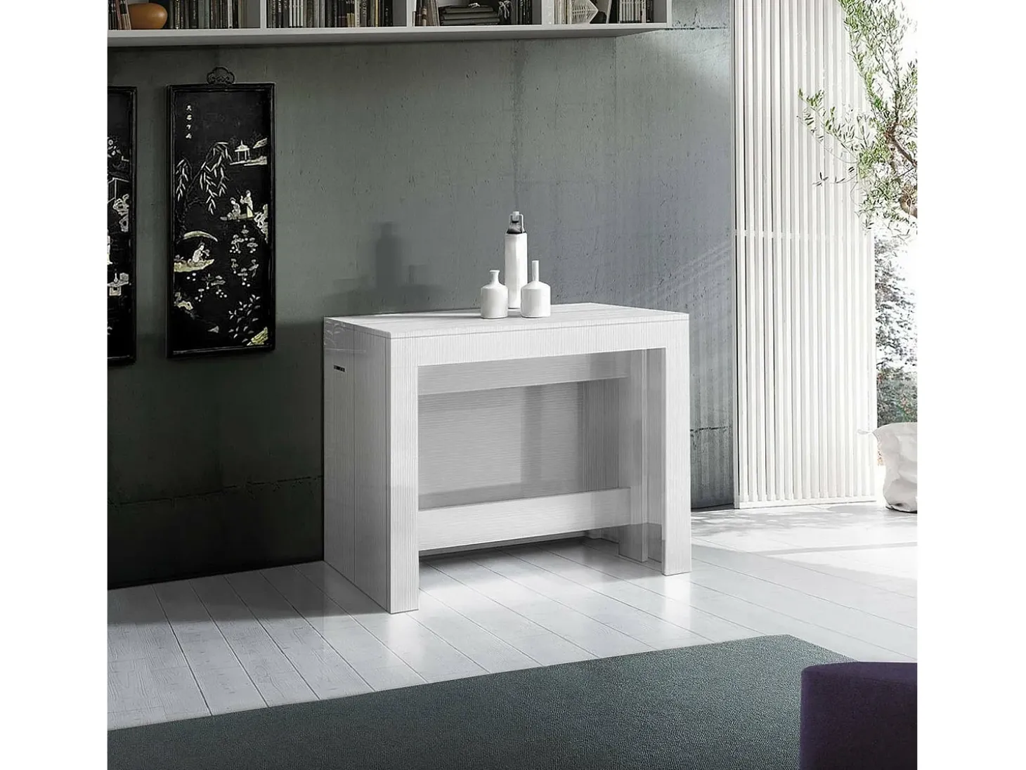Consola extensível Dguigo, Consola extensível até 12 lugares, Mesa com suportes de extensão, 100% Fabricado em Itália, 51/300x90h77 cm, Lariço branco brilhante