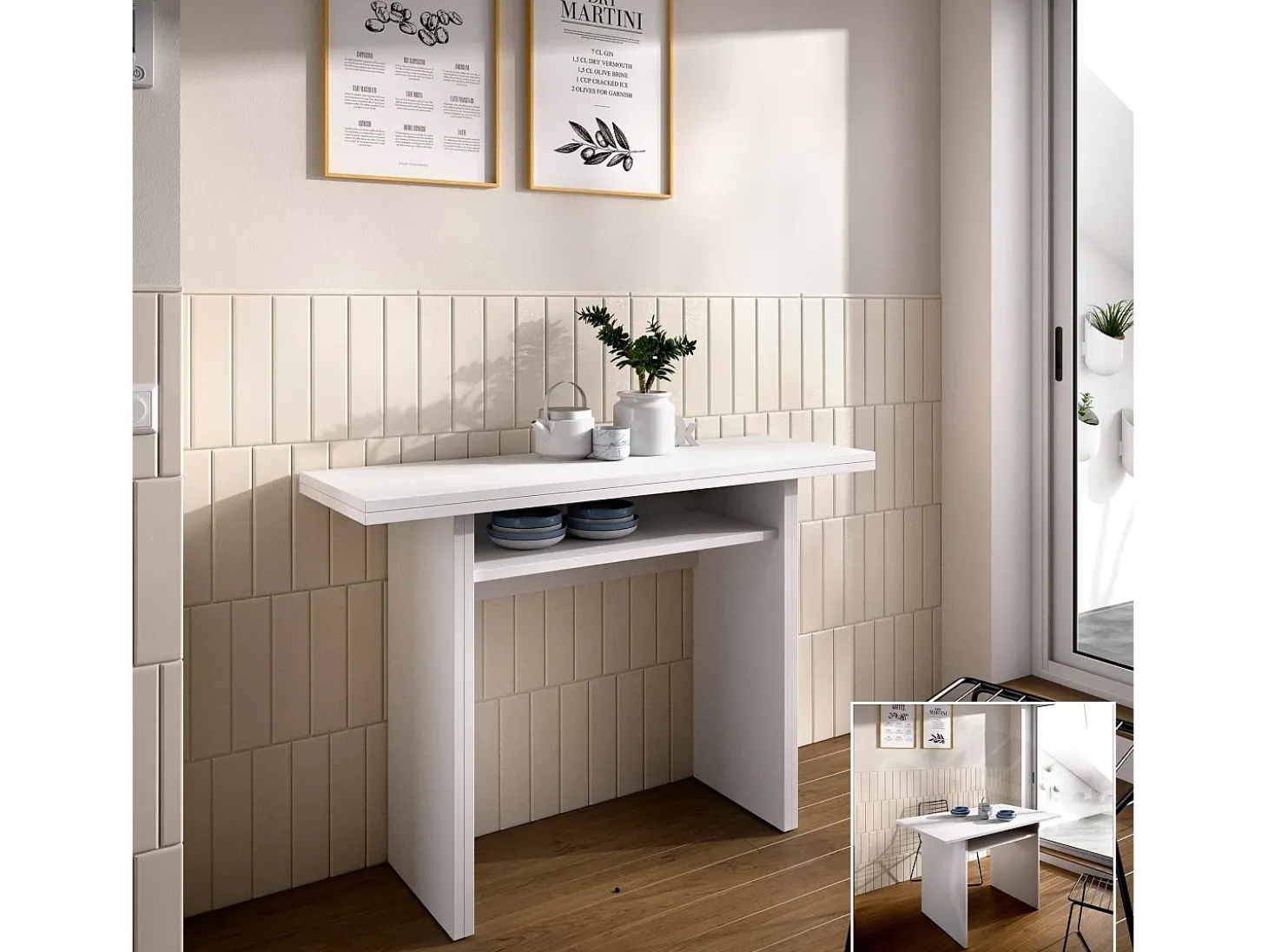 Consola extensível Dmanuel, Consola auxiliar extensível multiposições, Mesa de jantar dobrável com tampo rebatível, 110x33/66h75 cm, Branco