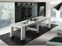 Consola extensível Martino, Consola extensível até 12 lugares, Mesa com suportes de extensão, 100% Fabricado em Itália, 51/300x90h77 cm, Lariço branco brilhante