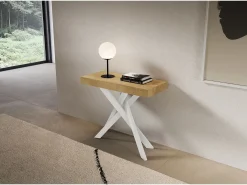 Consola extensível 90x40/196 cm Saki Pequenas pernas brancas em carvalho natural