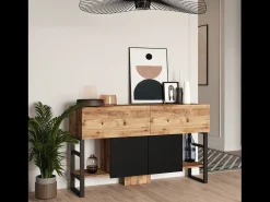 Consola industrial TARI com arrumação em madeira natural e metal preto