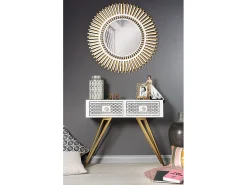 Consola Mayfair 100x35x80 cm em ferro Design glamoroso Hollywood Regency Pernas douradas gavetas de mármore branco Fabricado na Itália Sem