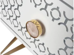 Consola Mayfair 100x35x80 cm em ferro Design glamoroso Hollywood Regency Pernas douradas gavetas de mármore branco Fabricado na Itália Sem