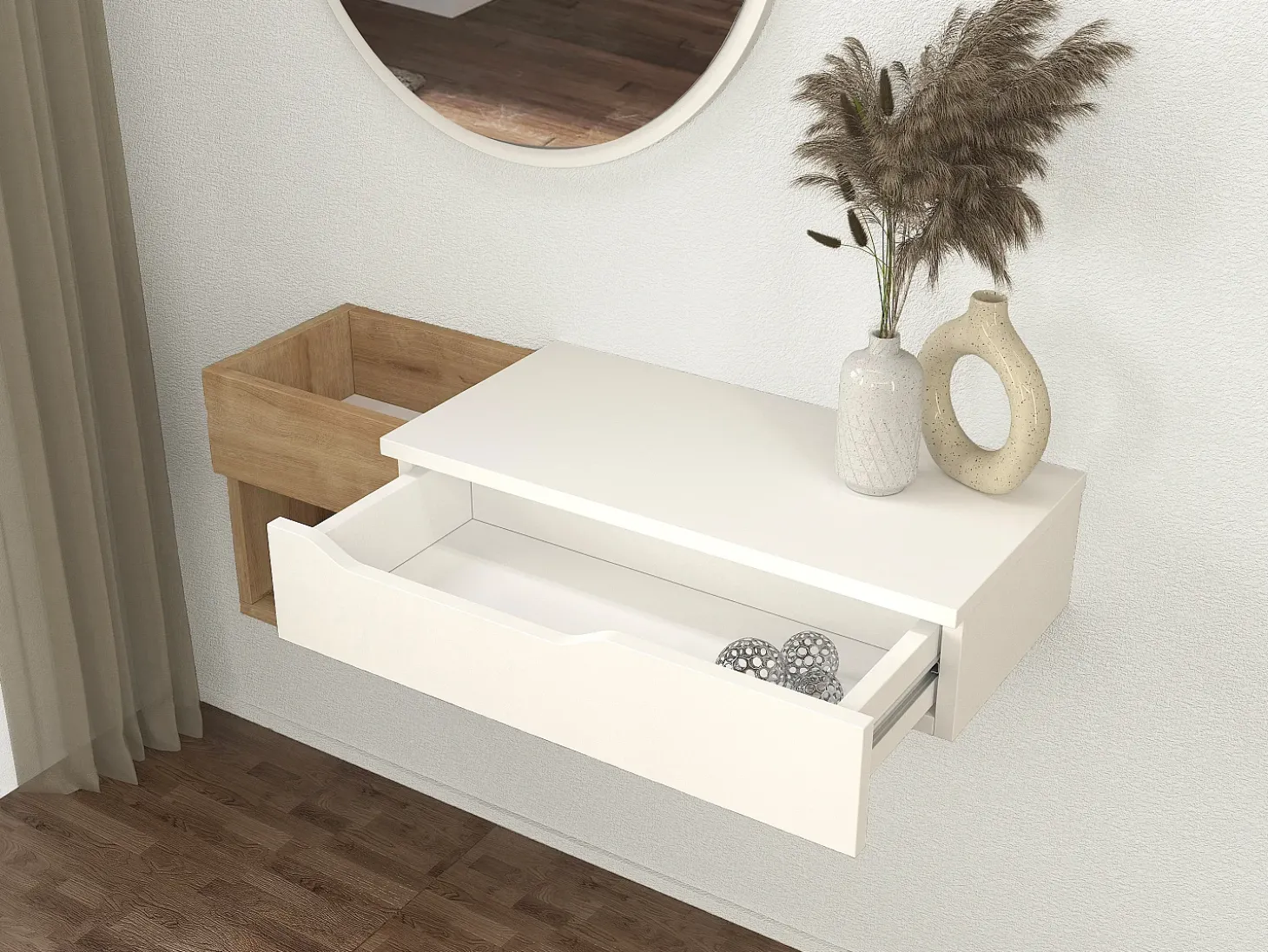 Consola suspensa com 1 gaveta e 2 nichos cor natural e branco - DAREKA
