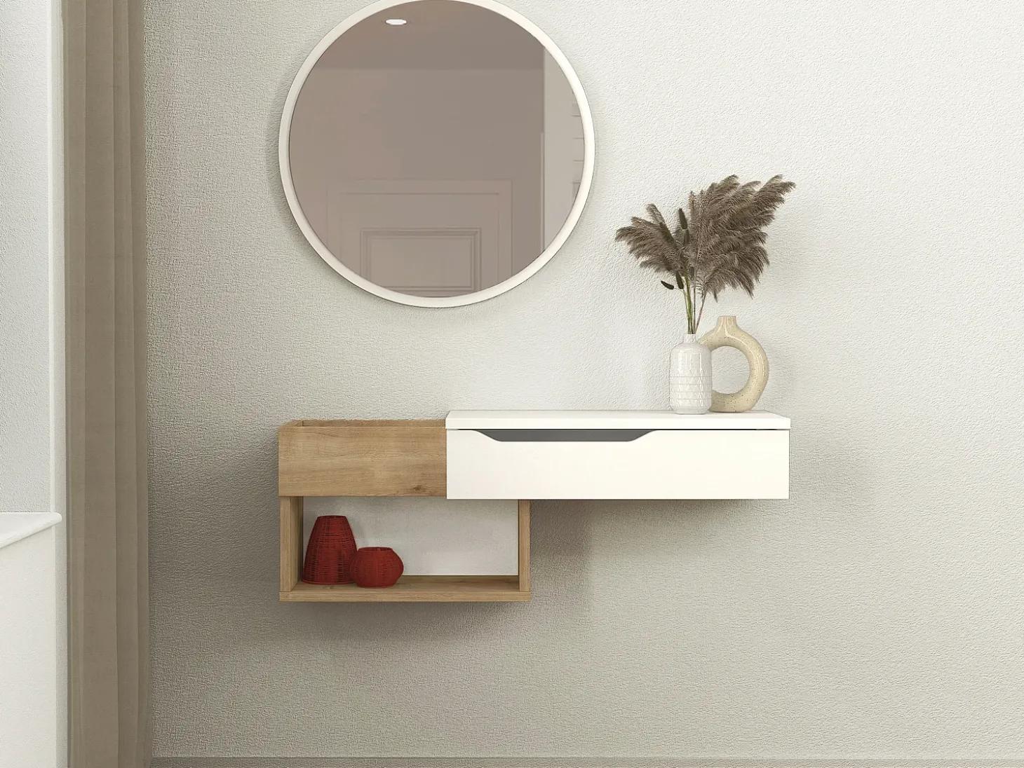 Consola suspensa com 1 gaveta e 2 nichos cor natural e branco - DAREKA