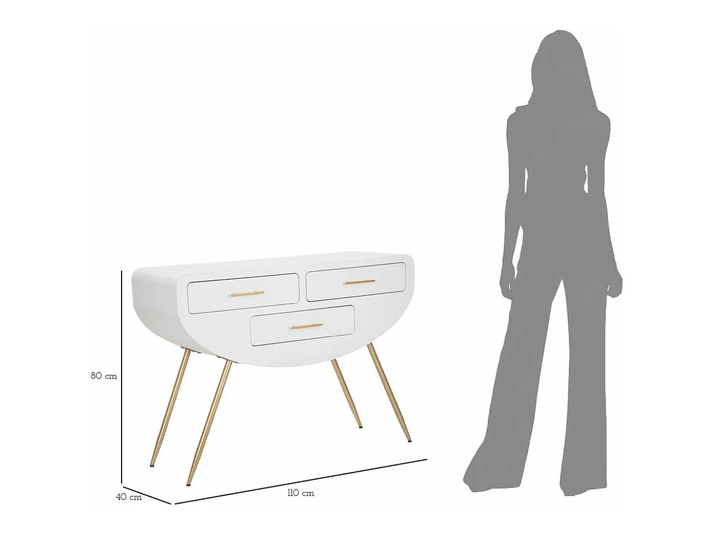 Consola Tomato, Mesa multiusos, Armário lateral, Secretária de corredor, 110x40 h80 cm, Branco e Dourado