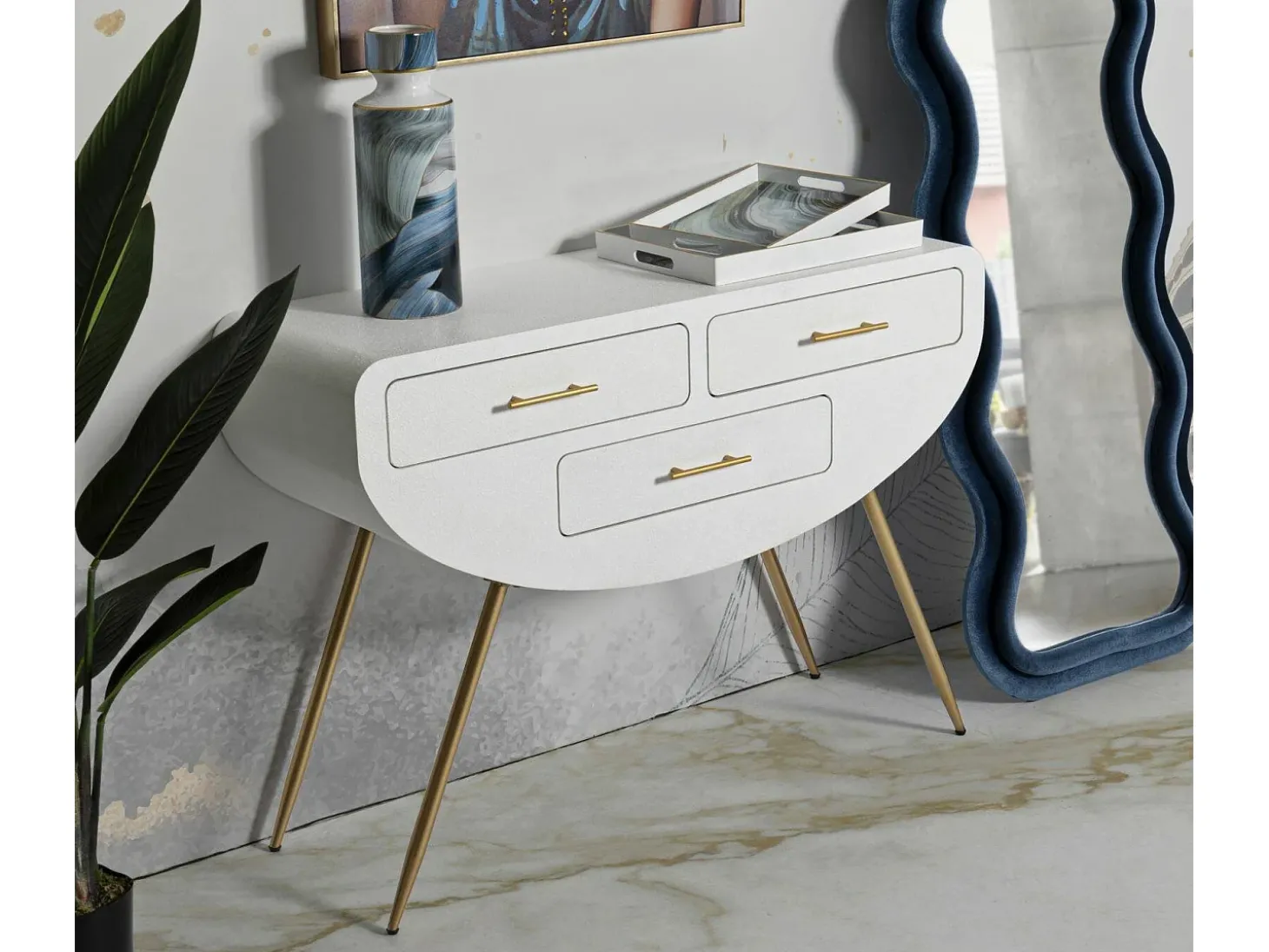 Consola Tomato, Mesa multiusos, Armário lateral, Secretária de corredor, 110x40 h80 cm, Branco e Dourado