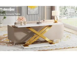 Console de entrada, 140 x 33 x 80 cm Console moderna, Mesa de entrada com pés metálicos geométricos, Branco e Dourado