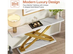 Console de entrada, 140 x 33 x 80 cm Console moderna, Mesa de entrada com pés metálicos geométricos, Branco e Dourado